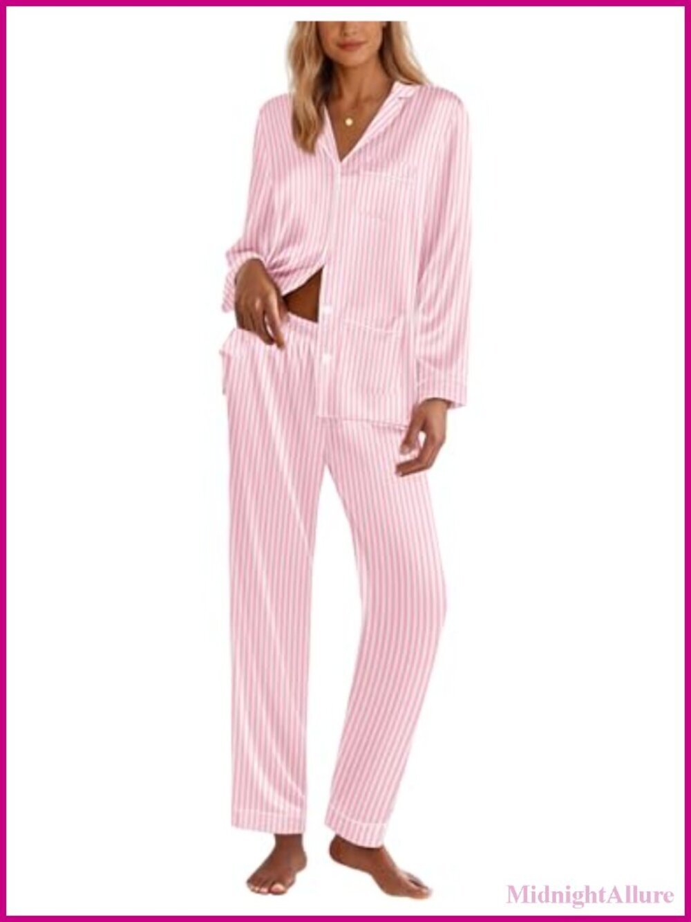Satin Button Down Pajama Set Long Sleeve Lounge Set